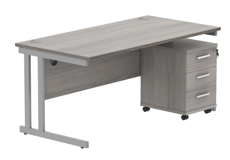 Office Hippo Heavy Duty Rectangular PC Office Desk with Storage, 3 Drawer Mobile Pedestal, Silver Frame, Alaskan Grey Oak Top, 160 x 80 x 73 cm