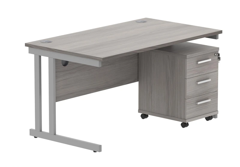 Office Hippo Heavy Duty Rectangular PC Office Desk with Storage, 3 Drawer Mobile Pedestal, Silver Frame, Alaskan Grey Oak Top, 140 x 80 x 73 cm