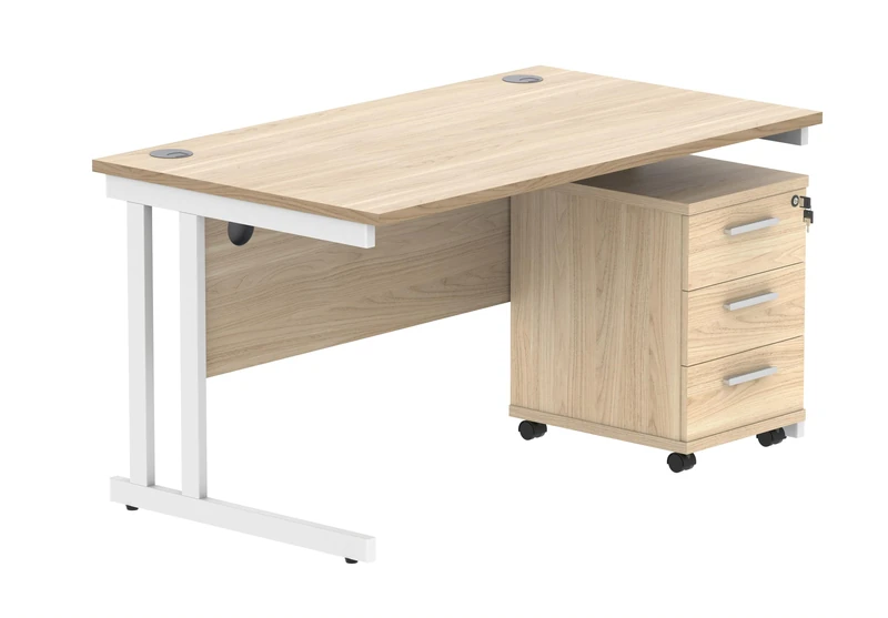 Office Hippo Heavy Duty Rectangular PC Office Desk with Storage, 3 Drawer Mobile Pedestal, White Frame, Canadian Oak Top, 140 x 80 x 73 cm