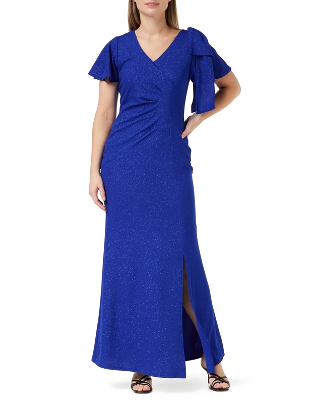Gina Bacconi Maxi Dress with V-Neck and Bow at Sleeve, Cobalt, 10