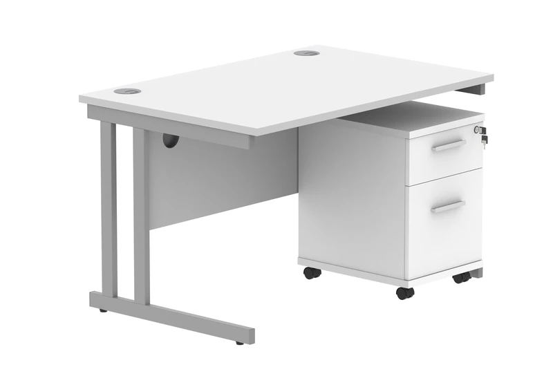 Office Hippo Heavy Duty Rectangular PC Office Desk with Storage, 3 Drawer Mobile Pedestal, Silver Frame, Arctic White Top, 120 x 80 x 73 cm