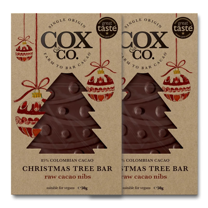 Cox&Co. Christmas Chocolates - 2 x 50g Raw Cacao Nibs 85% Dark Chocolate Christmas Tree bars in a Gift Box - Luxury Single Origin Colombian Cacao - Sustainable Gifts