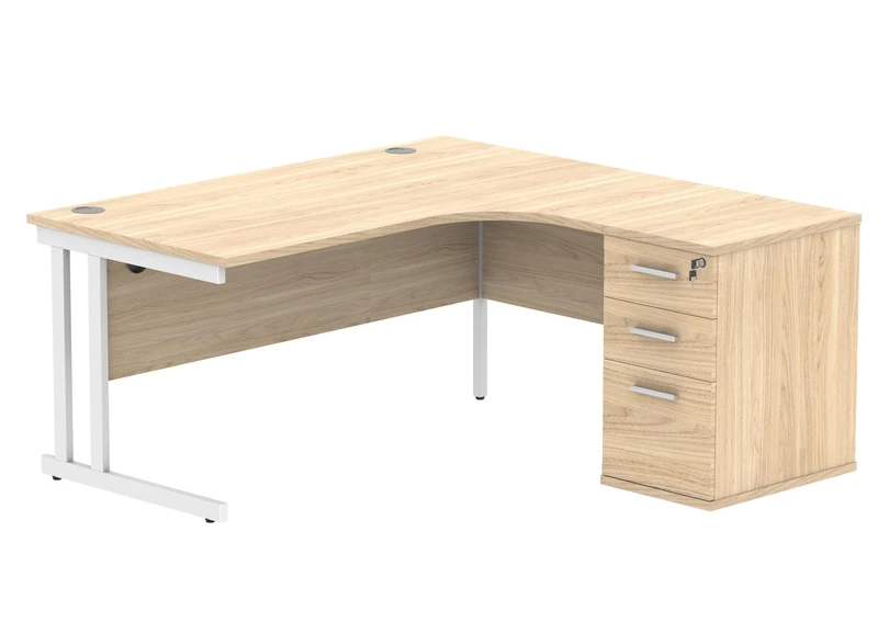 Office Hippo Heavy Duty Right Corner Radial PC Office Desk With Storage, 3 Drawer A4 and Foolscap Filing Pedestal, White Frame, Canadian Oak Top, 160 x 160.4 x 73 cm
