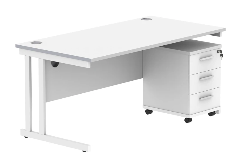 Office Hippo Heavy Duty Rectangular PC Office Desk with Storage, 3 Drawer Mobile Pedestal, White Frame, Arctic White Top, 160 x 80 x 73 cm