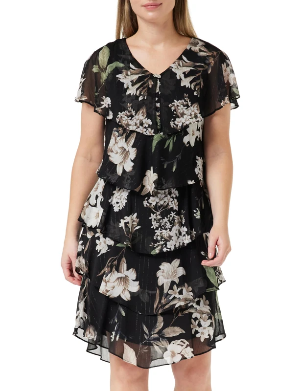Gina Bacconi Floral Print Tiered Dress, Black/Multi, 18