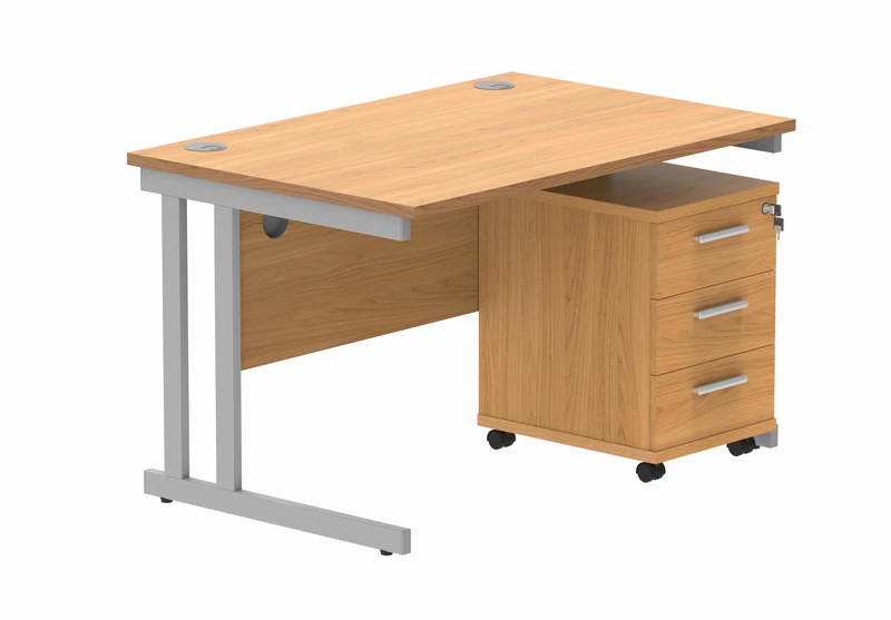 Office Hippo Heavy Duty Rectangular PC Office Desk with Storage, 3 Drawer Mobile Pedestal, Silver Frame, Norwegian Beech Top, 120 x 80 x 73 cm