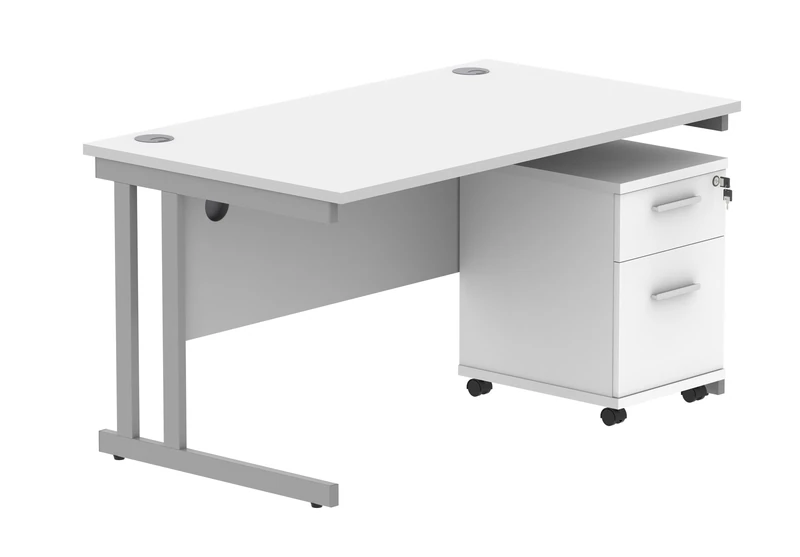 Office Hippo Heavy Duty Contract Grade Office Desk Workstation and Lockable 2-Drawer Pedestal Set, 120kg Weight Tolerance, 5-Year Warranty, FSC Certified, White, Silver Legs, 1400 x 800mm