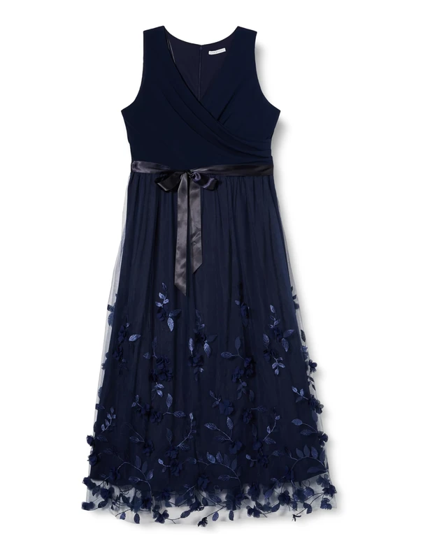 Gina Bacconi Long Sleeveless Dress with Surplice Neckline, 3D Floral Skirt., Navy, 10