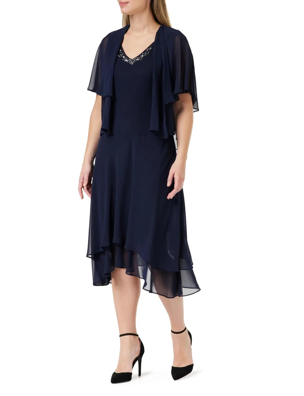 Gina Bacconi Midi V Neck Embellished Dress and Jacket, Spring Navy, 16