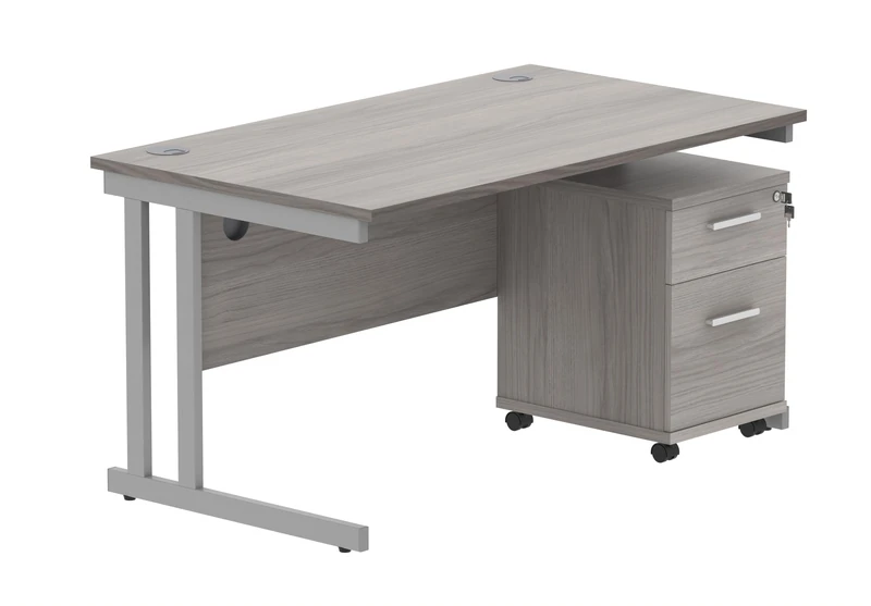 Office Hippo Heavy Duty Contract Grade Office Desk Workstation and Lockable 2-Drawer Pedestal Set, 120kg Weight Tolerance, 5-Year Warranty, FSC Certified, Alaskan Grey Oak, Silver Legs, 1400 x 800mm