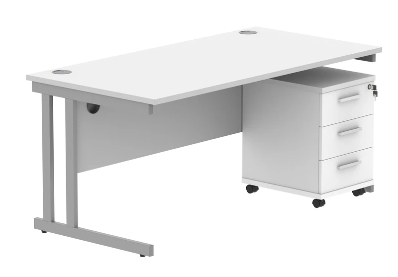 Office Hippo Heavy Duty Rectangular PC Office Desk with Storage, 3 Drawer Mobile Pedestal, Silver Frame, Arctic White Top, 160 x 80 x 73 cm