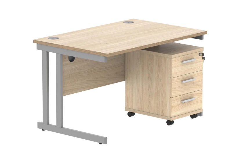Office Hippo Heavy Duty Rectangular PC Office Desk with Storage, 3 Drawer Mobile Pedestal, Silver Frame, Canadian Oak Top, 120 x 80 x 73 cm