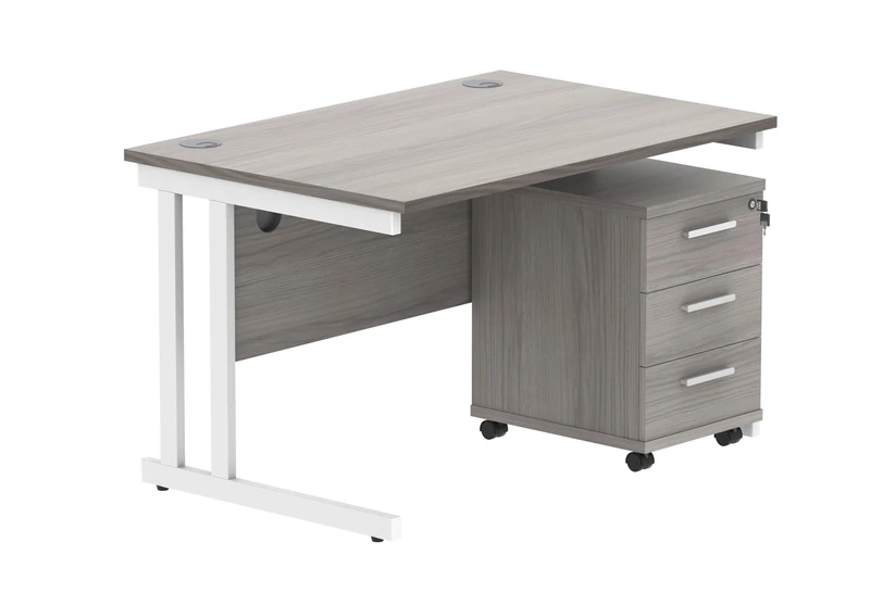 Office Hippo Heavy Duty Rectangular PC Office Desk with Storage, 3 Drawer Mobile Pedestal, White Frame, Alaskan Grey Oak Top, 120 x 80 x 73 cm