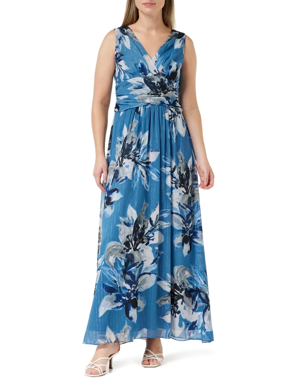Gina Bacconi Printed Maxi Dress with Ruched Waist, Blue, 14