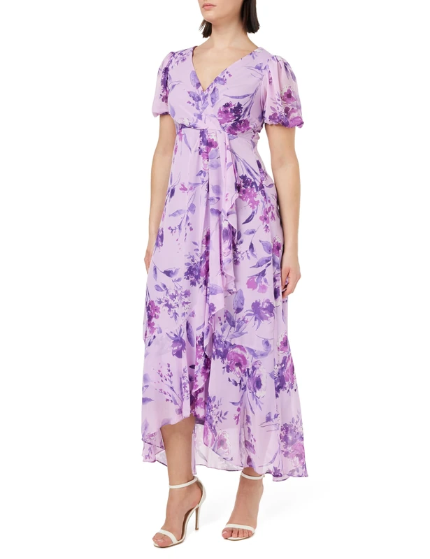 Gina Bacconi Long Printed Dress with Surplice Neckline with Short Sleeve, Lilac, 14