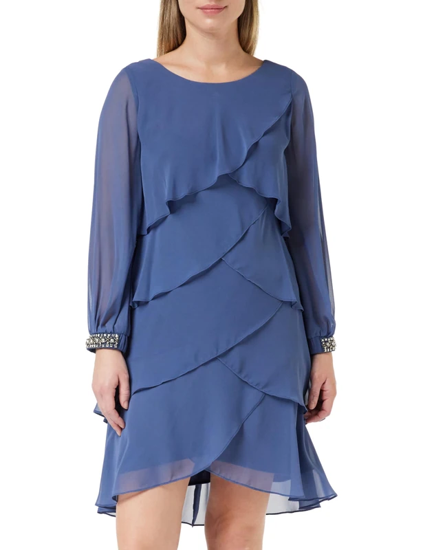 Gina Bacconi Long Sleeved Tiered Dress with Rhinestone Beading at Cuff, Wedgewood, 16