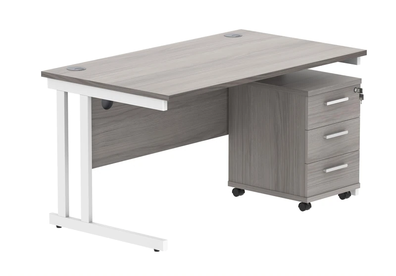 Office Hippo Heavy Duty Rectangular PC Office Desk with Storage, 3 Drawer Mobile Pedestal, White Frame, Alaskan Grey Oak Top, 140 x 80 x 73 cm