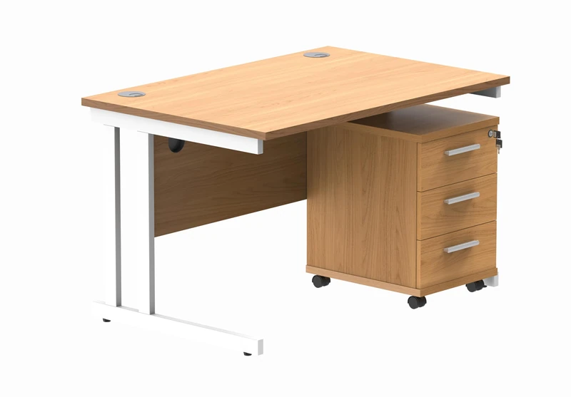 Office Hippo Heavy Duty Rectangular PC Office Desk with Storage, 3 Drawer Mobile Pedestal, White Frame, Norwegian Beech Top, 120 x 80 x 73 cm