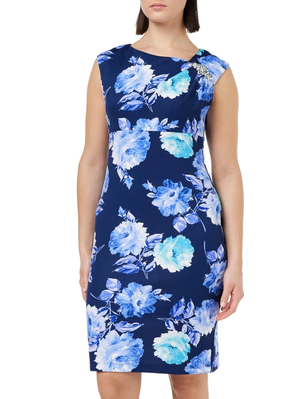 Gina Bacconi Printed Shift Dress with Trim, Navy/Multi, 18