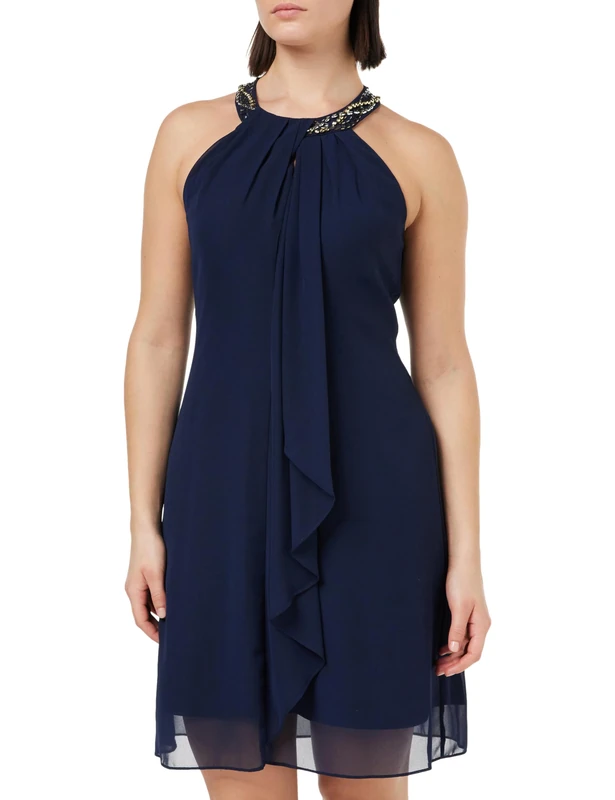 Gina Bacconi Beaded Halterneck Chiffon Dress, Spring Navy, 14