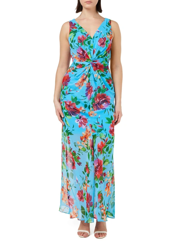 Gina Bacconi Printed Maxi Dress with Twist Bodice, Aqua, 12