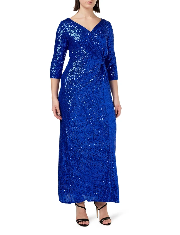 Gina Bacconi Sequin 3/4 Sleeve Wrap Dress with Twist, Royal, 18