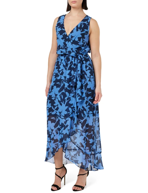 Gina Bacconi Long Printed Sleeveless Dress with Surplice Neckline, Navy Multi, 12