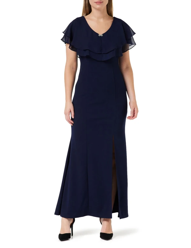 Gina Bacconi V Neck Two Tiered Top with Embellishment at The Neck, Long Crepe Gown, Navy, 16
