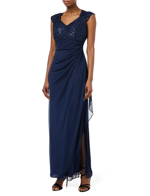 Gina Bacconi Long Cap Sleeve Empire Waist Dress, Navy, 20