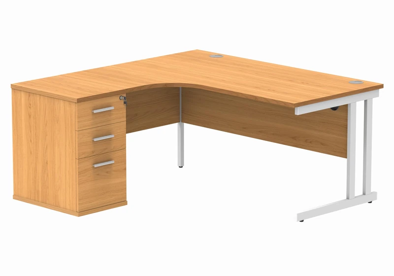 Office Hippo Heavy Duty Left Corner Radial PC Office Desk With Storage, 3 Drawer A4 and Foolscap Filing Pedestal, White Frame, Norwegian Beech Top, 160 x 160.4 x 73 cm