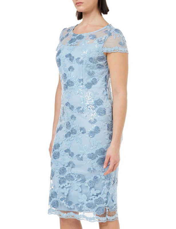 Gina Bacconi Midi Embroidered Dress, Sky Blue, 16