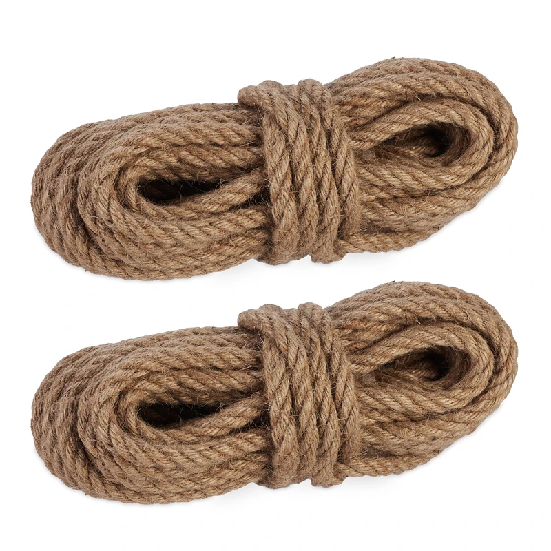 Relaxdays Natural Rope, 2X Set, Jute, Plant, Twine, Handicraft, Garden Decorations, Hessian Thread, 12mm Thick, 10m Long, 26 x 9 x 9 cm