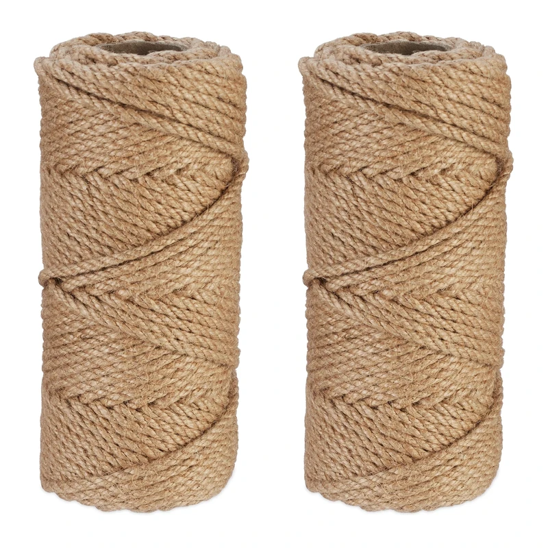 Relaxdays Natural Rope, 2X Set, Jute, Plant, Twine, Handicraft, Garden Decorations, Hessian Thread, 5mm Thick, 50m Long, 20 x 9 cm
