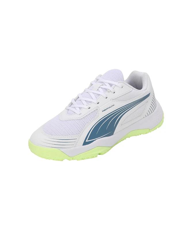 PUMA Unisex Kids Solarflash Iii Jr Indoor Court Shoe, Puma White Blue Horizon Fizzy Apple, 1.5 UK