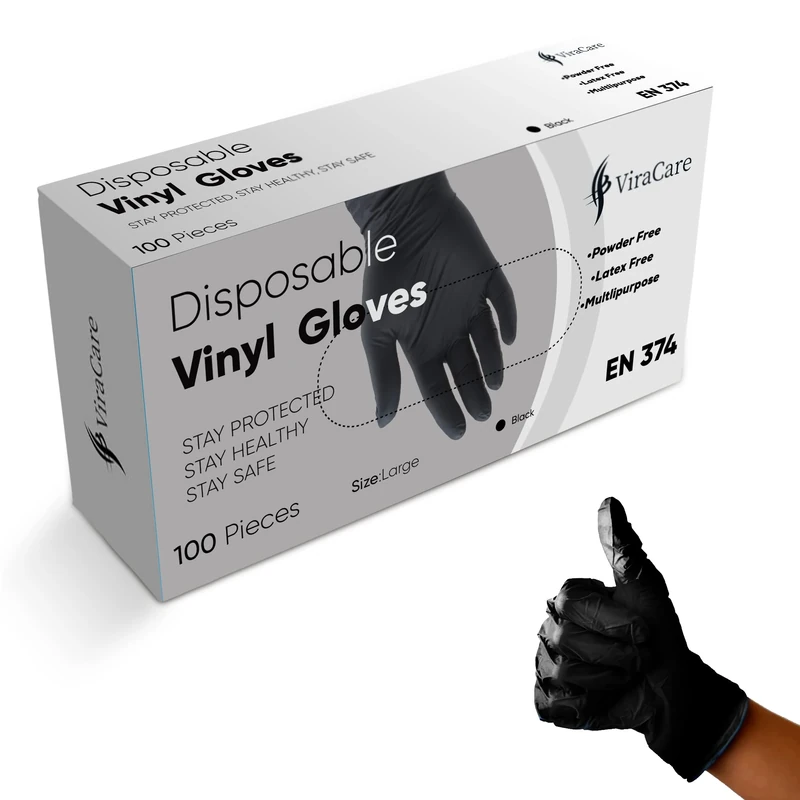 400 x Black Disposable Gloves | Vinyl Gloves Disposable | Latex free Gloves | Powder Free Gloves | Black Gloves Disposable | Strong And Non-Sterile | (Large, 4 Packs of 100)