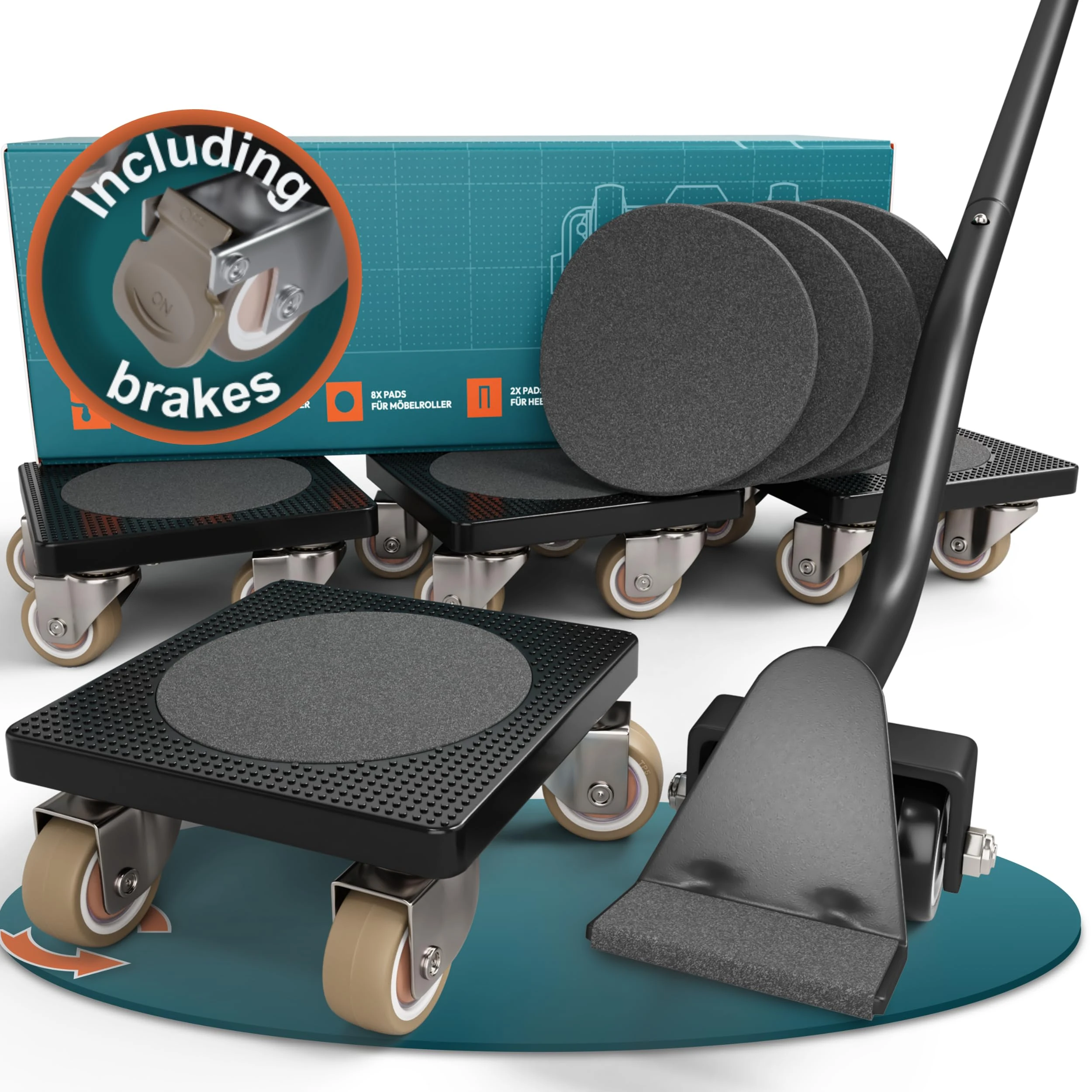 FAIRMO Furniture Lifter (with Brakes, 200 kg Capacity) – Heavy Duty Furniture Moving Tool with 4 Furniture Moving Rollers & 1 Lifting Lever – Anti-Slip Pads & Smooth TPE Furniture Moving Wheels