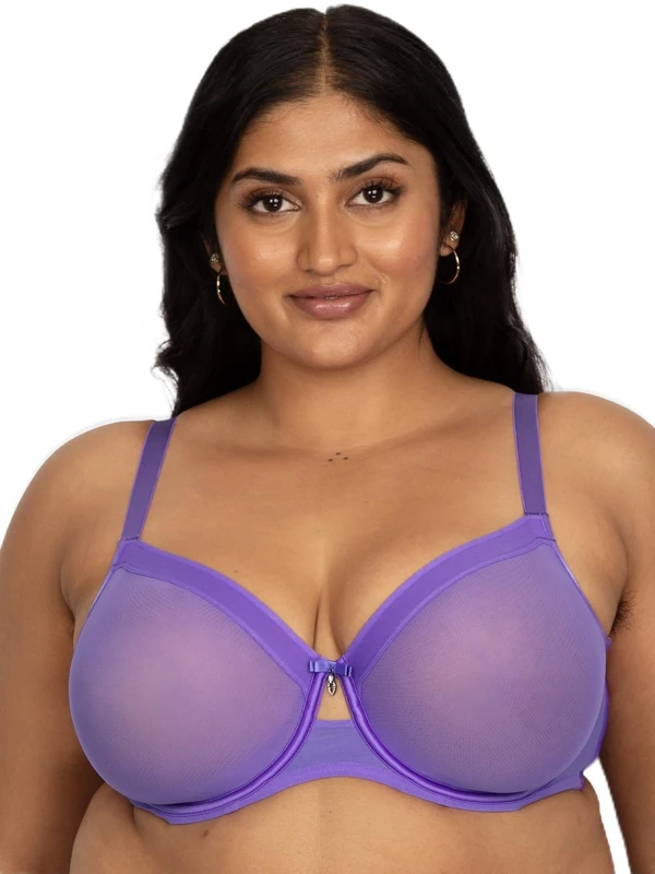 Curvy Couture Women's Sheer Mesh Full Coverage Unlined Underwire Bra, Violet, 38D