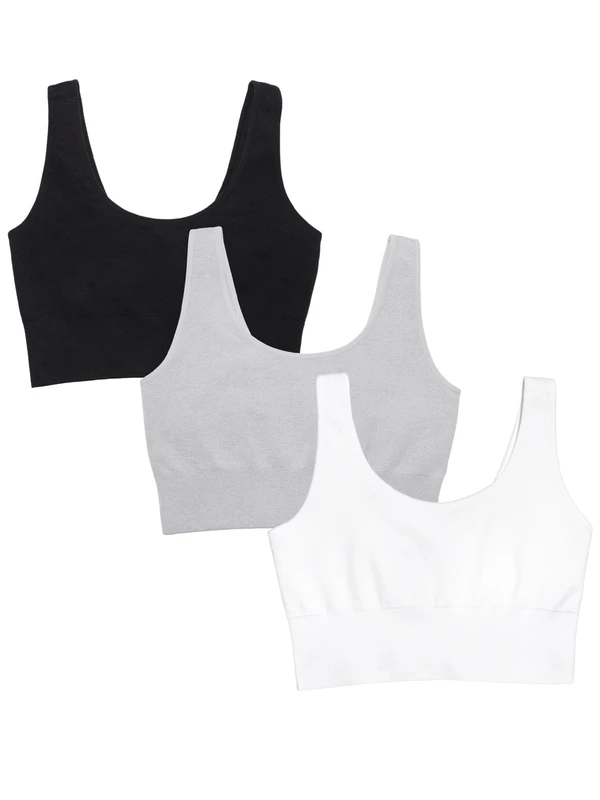 Fruit of the Loom Women's 360 Stretch Longline Sport, Comfortable Wireless Bras, Seamless Full-Coverage for a Natural Shape, Black/White/Grey Heather, M