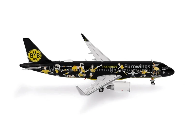 Herpa airplane model Eurowings Airbus A320 "BVB Fanairbus" - D-AEWM on a scale of 1 : 400, metal miniature with pedastal, model building, collectors edition
