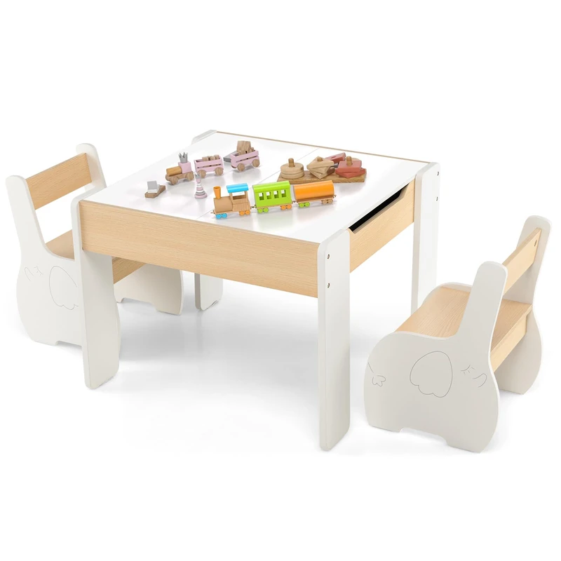 GYMAX Kids Table and Chair Set, Children Activity Desk with 2 Chairs, Reversible Blackboard Tabletop and Hidden Storage Space, 3 Pieces Wooden Toddler Furniture Set for Boys Girls (White)