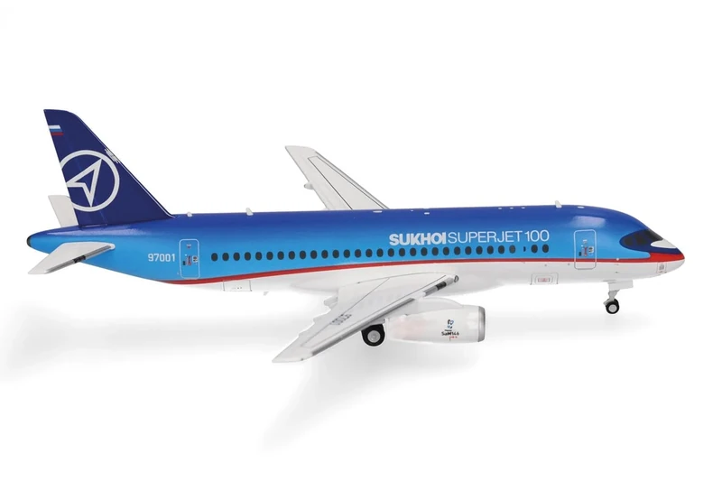 Herpa airplane model Sukhoi Civil Aircraft Superjet 100 – 97001 on a scale of 1 : 200, metal miniature with pedastal, model building, collectors edition