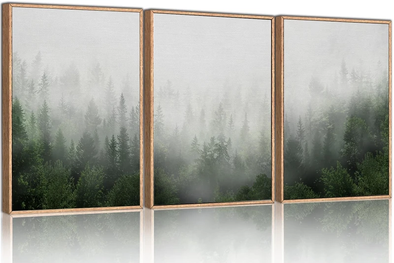 HPINUB Misty Green Forest Framed Canvas Wall Art Set, Nature Scenery Modern Wall Decor, Foggy Mountain Wall Painting, Woodland Landscape Nursery Art Print for Living Room, Bedroom, Office - 16"x24"x3
