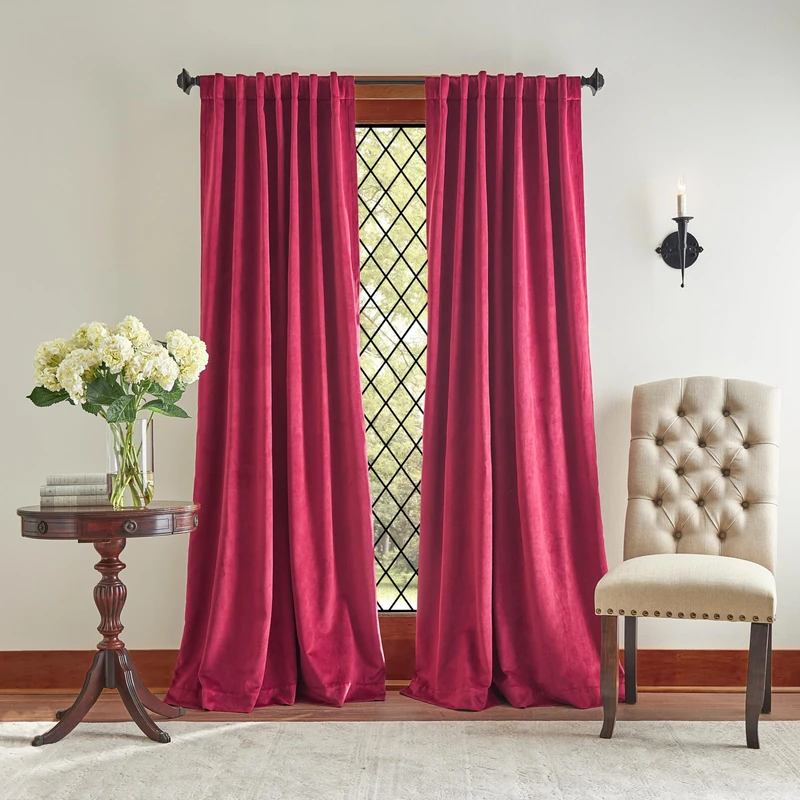 Martha Stewart Lucca Velvet Blackout Back Tab Window Curtain Panel Pair, 84", Pomegranate