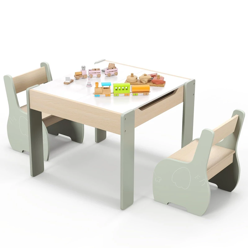 GYMAX Kids Table and Chair Set, Children Activity Desk with 2 Chairs, Reversible Blackboard Tabletop and Hidden Storage Space, 3 Pieces Wooden Toddler Furniture Set for Boys Girls (Green)