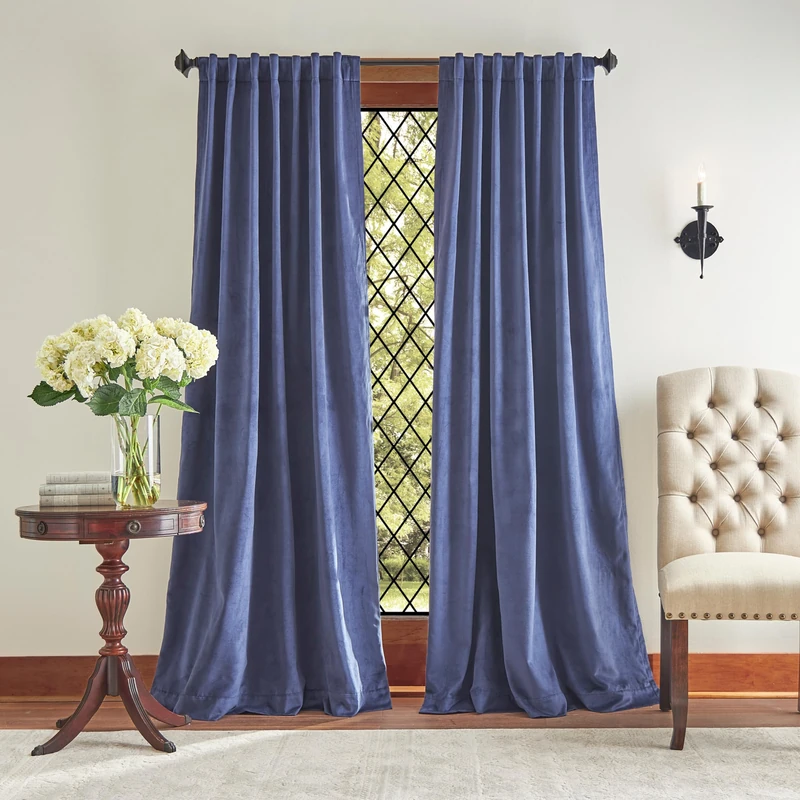 Martha Stewart Lucca Velvet Blackout Back Tab Window Curtain Panel Pair, 95", Navy