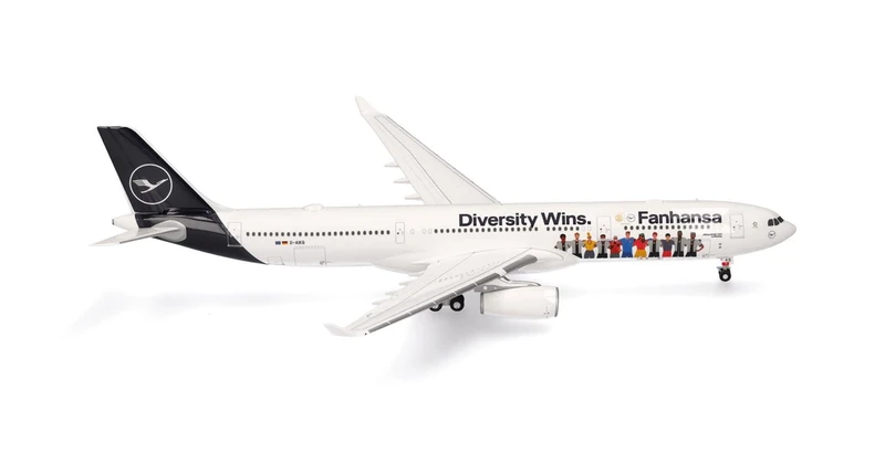 Herpa airplane model Lufthansa Airbus A330-300 "Fanhansa - Diversity Wins" - D-AIKQ on a scale of 1 : 200, plastic miniature with pedastal, model building, collectors edition