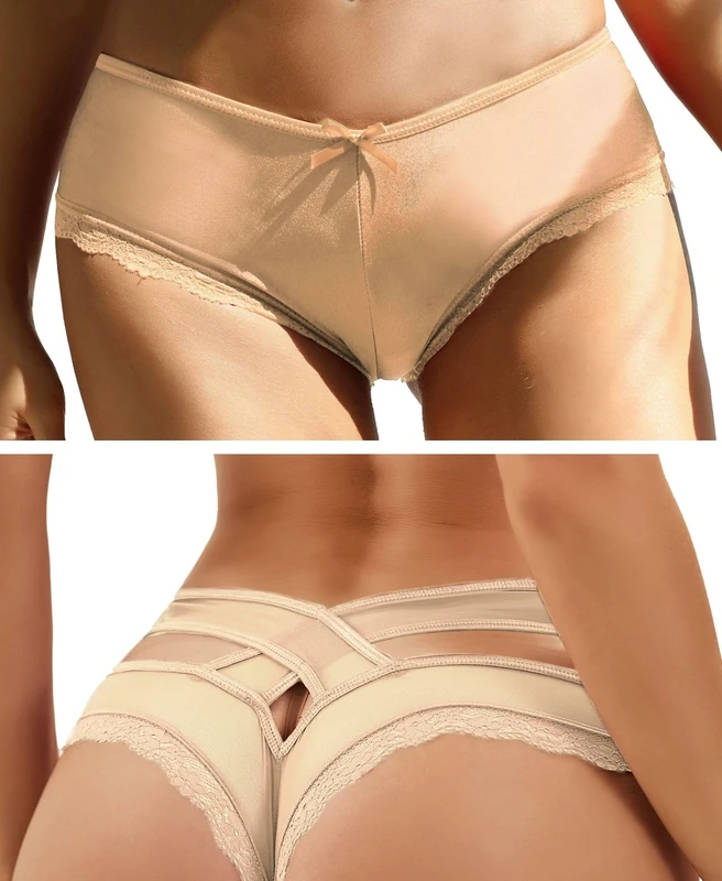 ohyeahlady Women's Underwear Lace Thongs Sexy Cross Backed Cheeky Knickers Panties Ladies Bikini Briefs Beige Brazilian Knickers Size 12 14