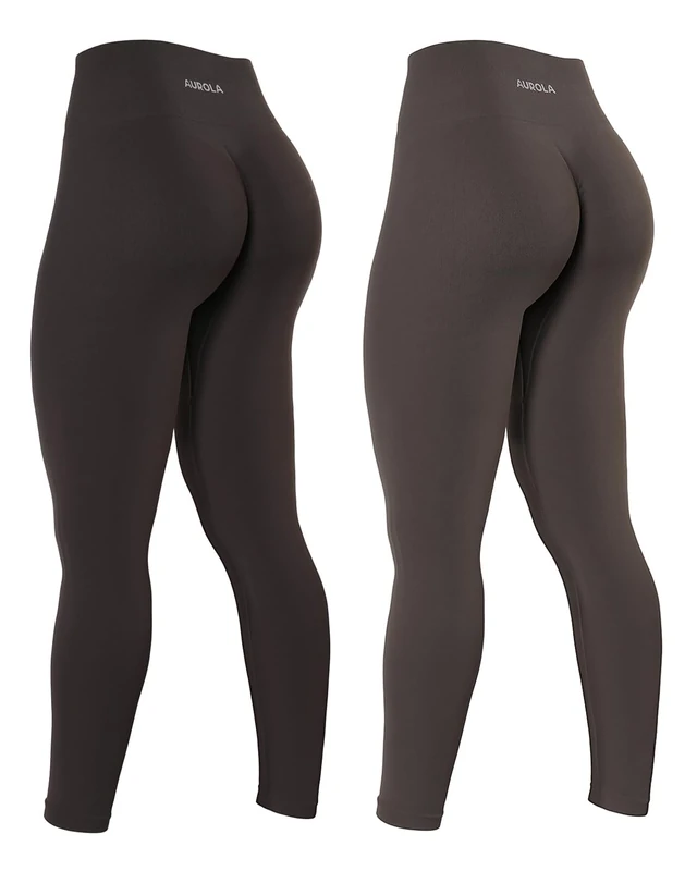AUROLA Power Workout Leggings for Women Tummy Control Squat Proof Ribbed Thick Seamless Scrunch Active Pants, Set (Chocolate Torte+Chestnut Brown), Large