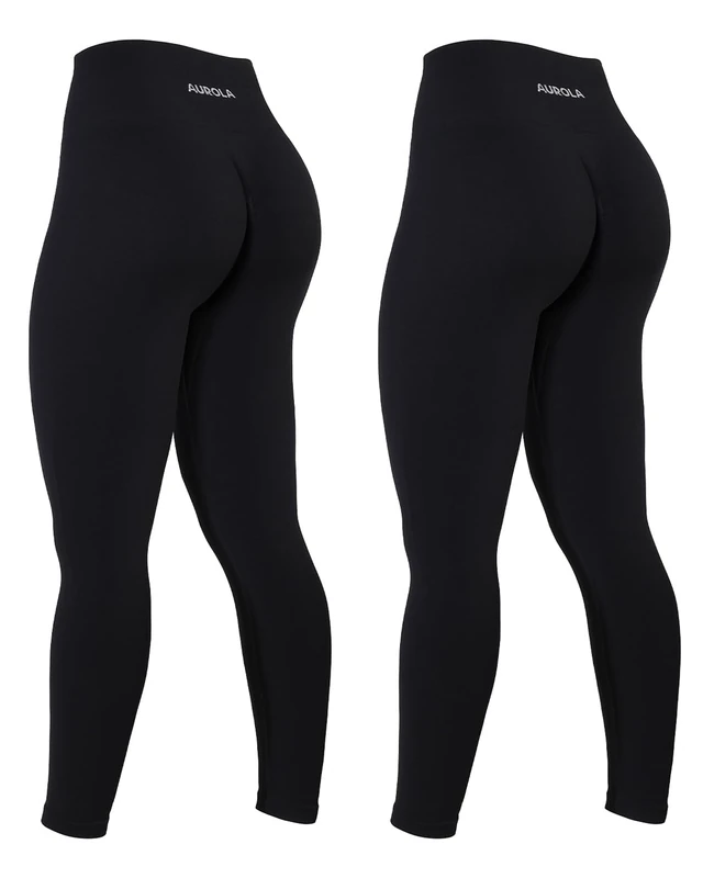 AUROLA Power Workout Leggings for Women Tummy Control Squat Proof Ribbed Thick Seamless Scrunch Active Pants, Set (Black+Black), S