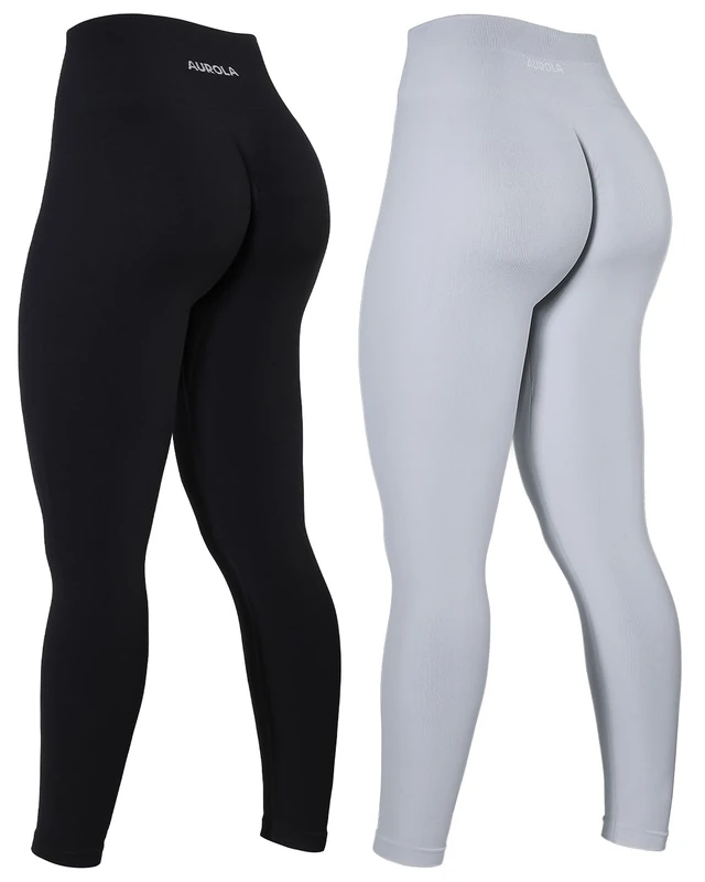 AUROLA Power Workout Leggings for Women Tummy Control Squat Proof Ribbed Thick Seamless Scrunch Active Pants, Set (Black+Blanc De Blanc), S